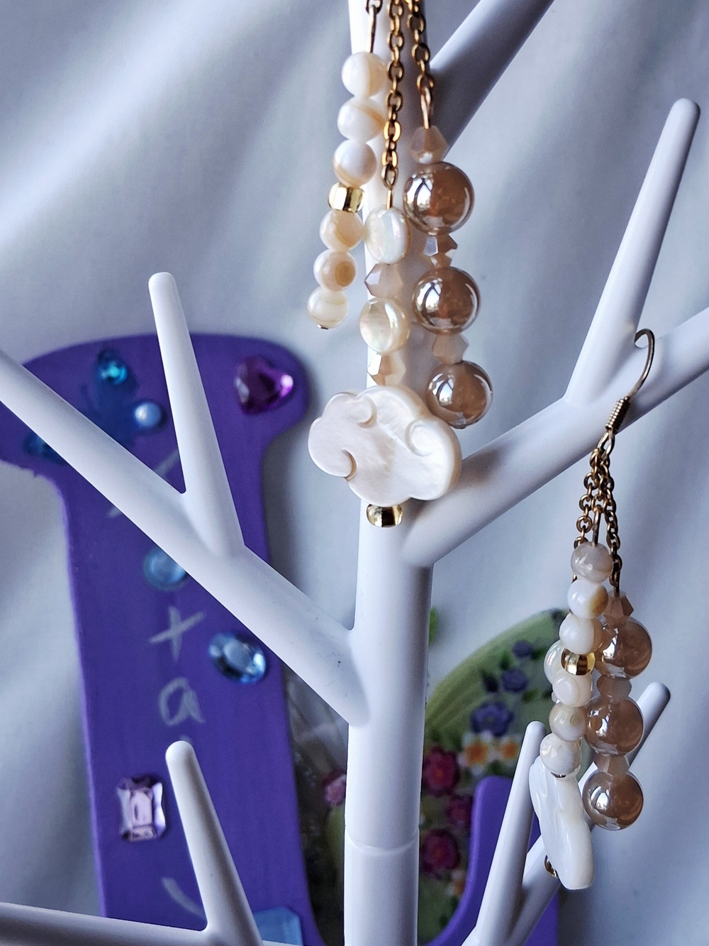 Handcrafted Cream Mother-of-Pearl Dangle Earrings with Gold Accents